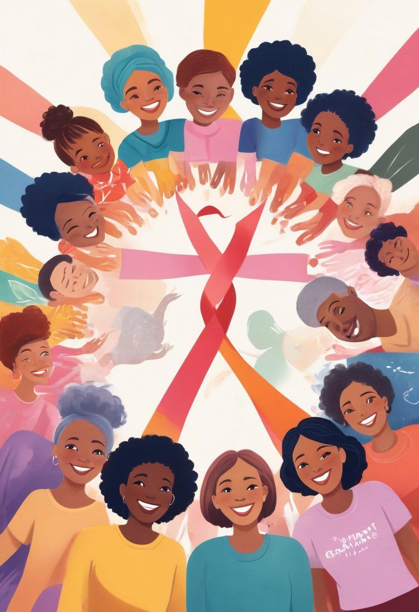 A vibrant illustration depicting a diverse group of cancer survivors united in a supportive community. Show them engaging in a circle, sharing stories and experiences, with warm smiles and hopeful expressions. In the background, incorporate symbols of health and advocacy like ribbons and the cancer awareness colors. The scene should radiate positivity and resilience, highlighting the power of connection and support. vibrant colors. illustration.