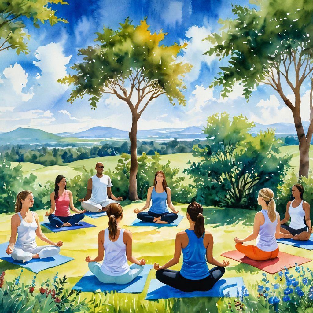 A serene landscape showing a diverse group of people engaging in holistic health practices like yoga, meditation, and herbal medicine under a bright blue sky. Include elements symbolizing wellness, such as plants, essential oils, and sunshine, emphasizing harmony and balance in life. Use soft, soothing colors to evoke a sense of peace and rejuvenation. watercolor painting. vibrant colors.