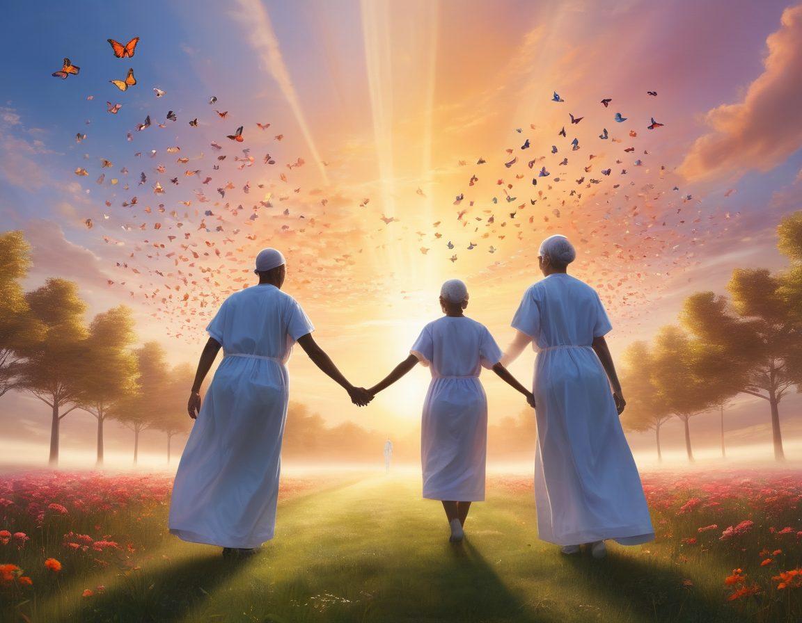 A serene landscape blending a sunrise over a hospital with a diverse group of people holding hands, symbolizing unity and hope in the face of cancer. Include vibrant butterflies soaring in the sky to represent resilience and new beginnings. The setting should convey warmth and optimism, with soft rays of light illuminating the scene. super-realistic. vibrant colors. uplifting atmosphere.